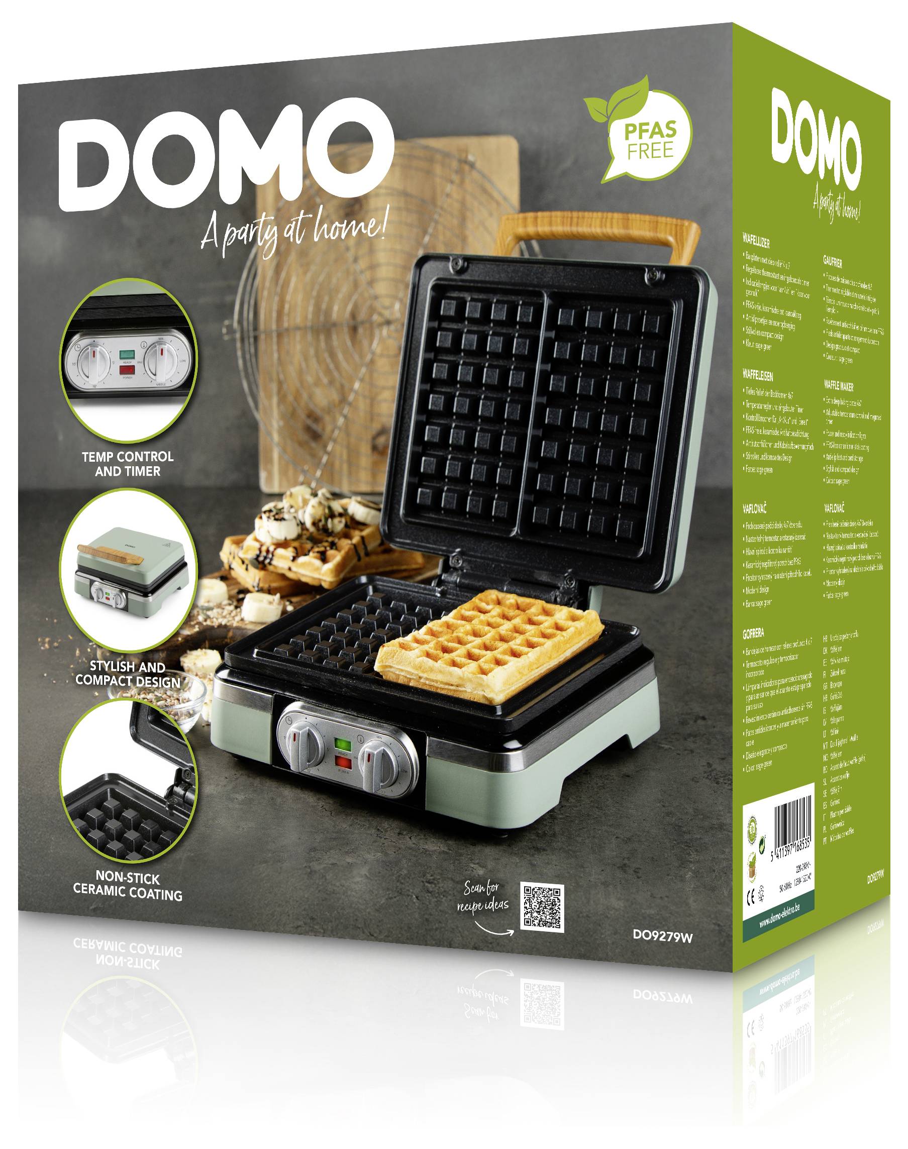 Un boîte de gaufrier présentant un fer à gaufres double avec une gaufre cuite. Les caractéristiques comprennent le contrôle de la température, un minuteur, un revêtement anti-adhésif et un design compact.