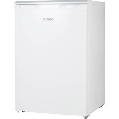 Un réfrigérateur blanc à une porte avec le mot 'DOMO' imprimé sur la façade est présenté. Il présente un design simple et épuré, avec un dessus plat et de petits pieds.