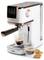 « Une machine à espresso blanche avec un panneau de commande numérique, préparant deux tasses d'espresso, avec deux biscuits sur le côté. »