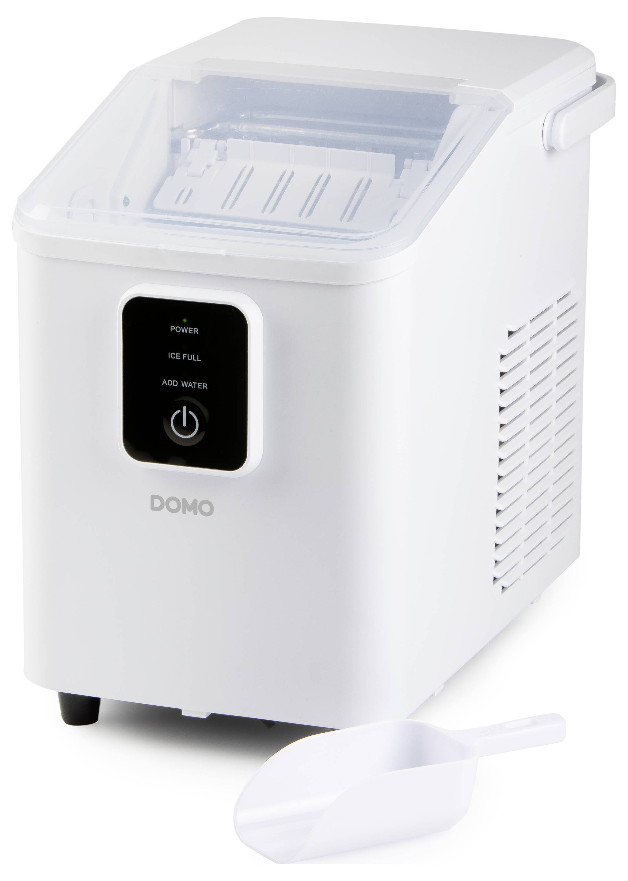 Un petit fabricant de glaçons blanc avec un couvercle transparent, étiqueté 'DOMO'. Il possède des voyants lumineux pour la mise en marche, l'indication de bac plein et le niveau d'eau. Une pelle blanche est placée devant.