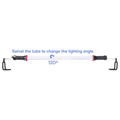 Diagramme de tube lumineux montrant un pivotement de 120° pour l'ajustement de l'angle, avec accent sur la modification de l'angle d'éclairage.
