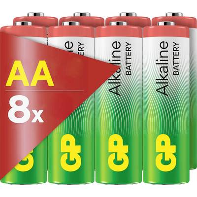 Huit piles alcalines AA dans un emballage coloré, avec une zone rouge adjacente contenant le texte : AA 8x.