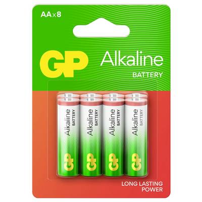 Quatre piles alcalines AA dans un emballage vert et orange portant l'inscription 'GP Alkaline Battery'.