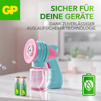 Nettoyant pulvérisateur à piles, alimenté par deux piles AA, promu comme 'sûr pour vos appareils'. Texte : 'Grâce à une technologie fiable anti-fuite'.