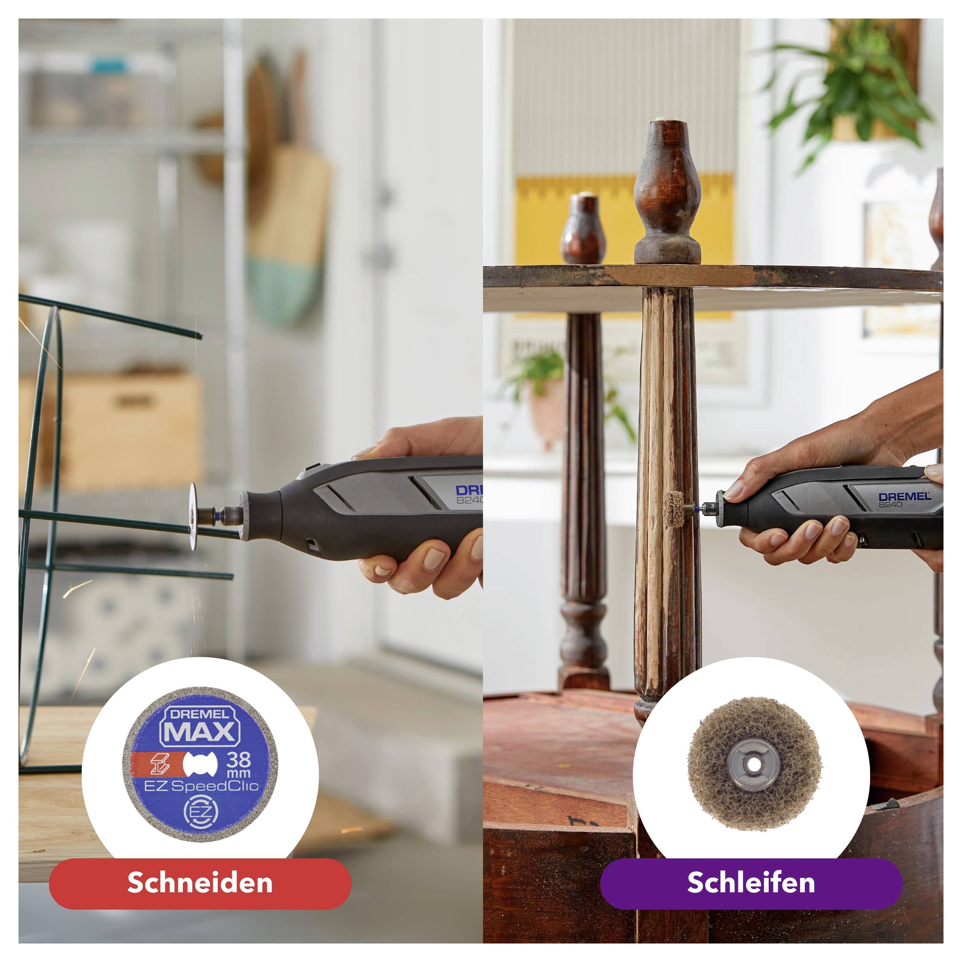 L'image montre deux scènes : à gauche, une main utilisant un outil Dremel pour couper du verre ; à droite, une main utilisant un outil Dremel pour poncer du bois.