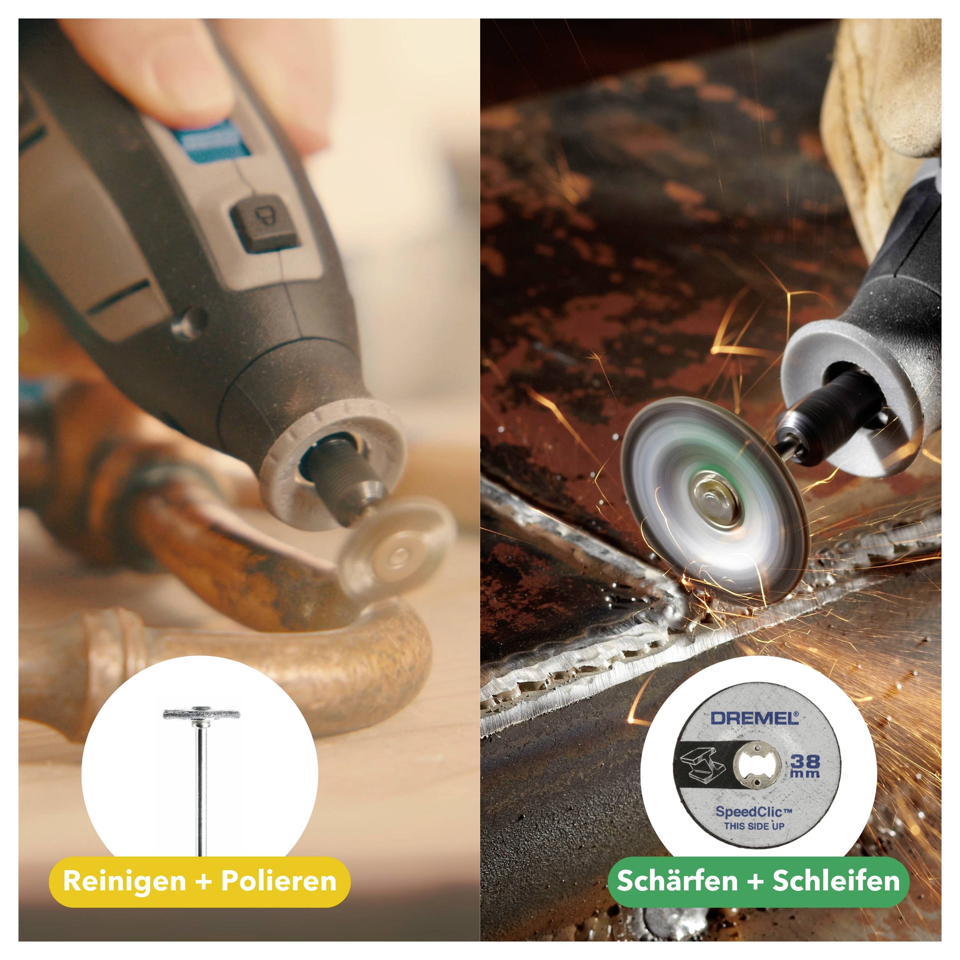 Image composite d'utilisation d'outils : À gauche, un outil rotatif nettoyant un tuyau de plomberie ; À droite, l'outil affûtant du métal avec des étincelles. Encart : Pièce Dremel SpeedClic de 38 mm.