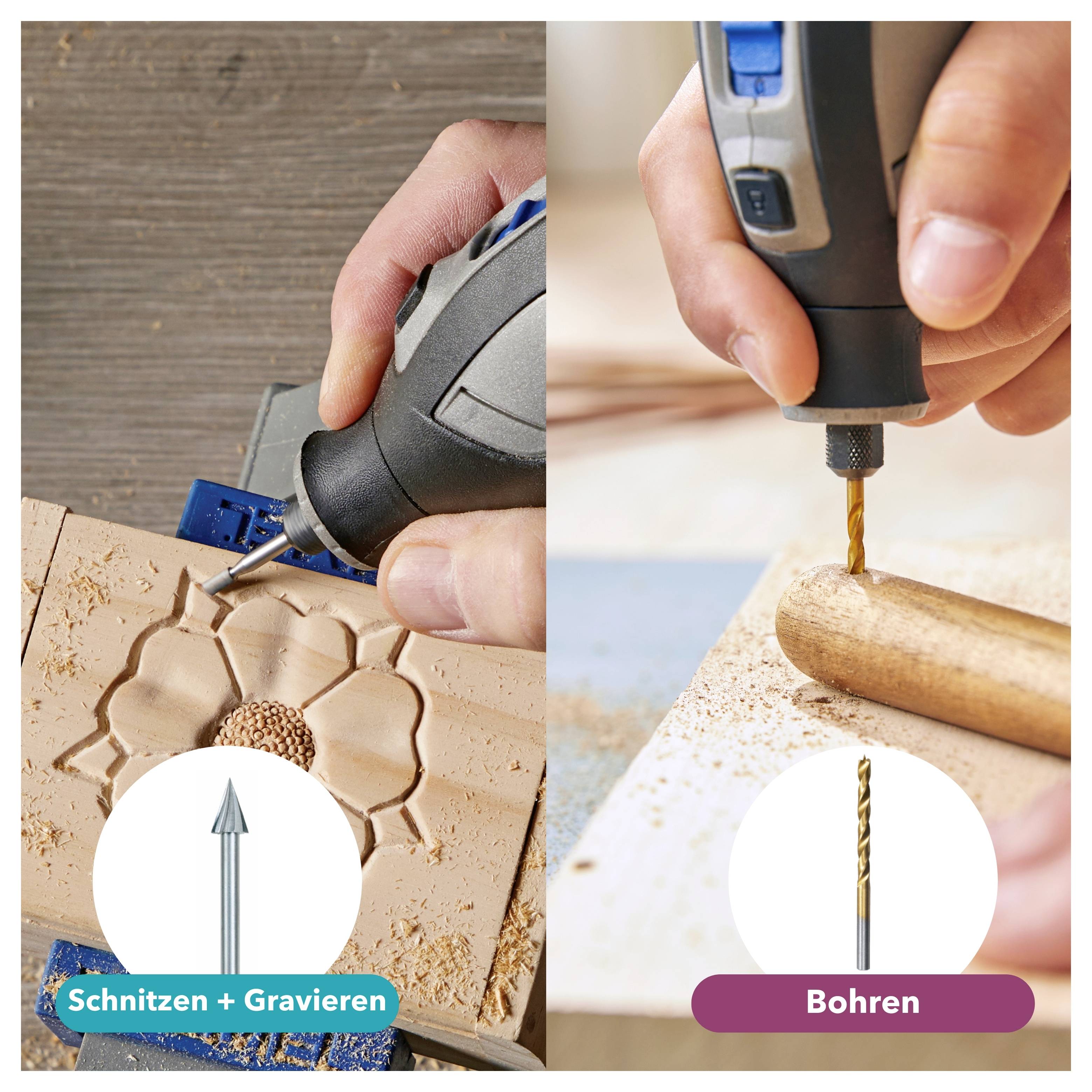 « Image en deux parties : À gauche, gravure d'une fleur sur du bois avec un outil de sculpture étiqueté « Schnitzen + Gravieren ». À droite, perçage dans du bois avec un foret étiqueté « Bohren ». »