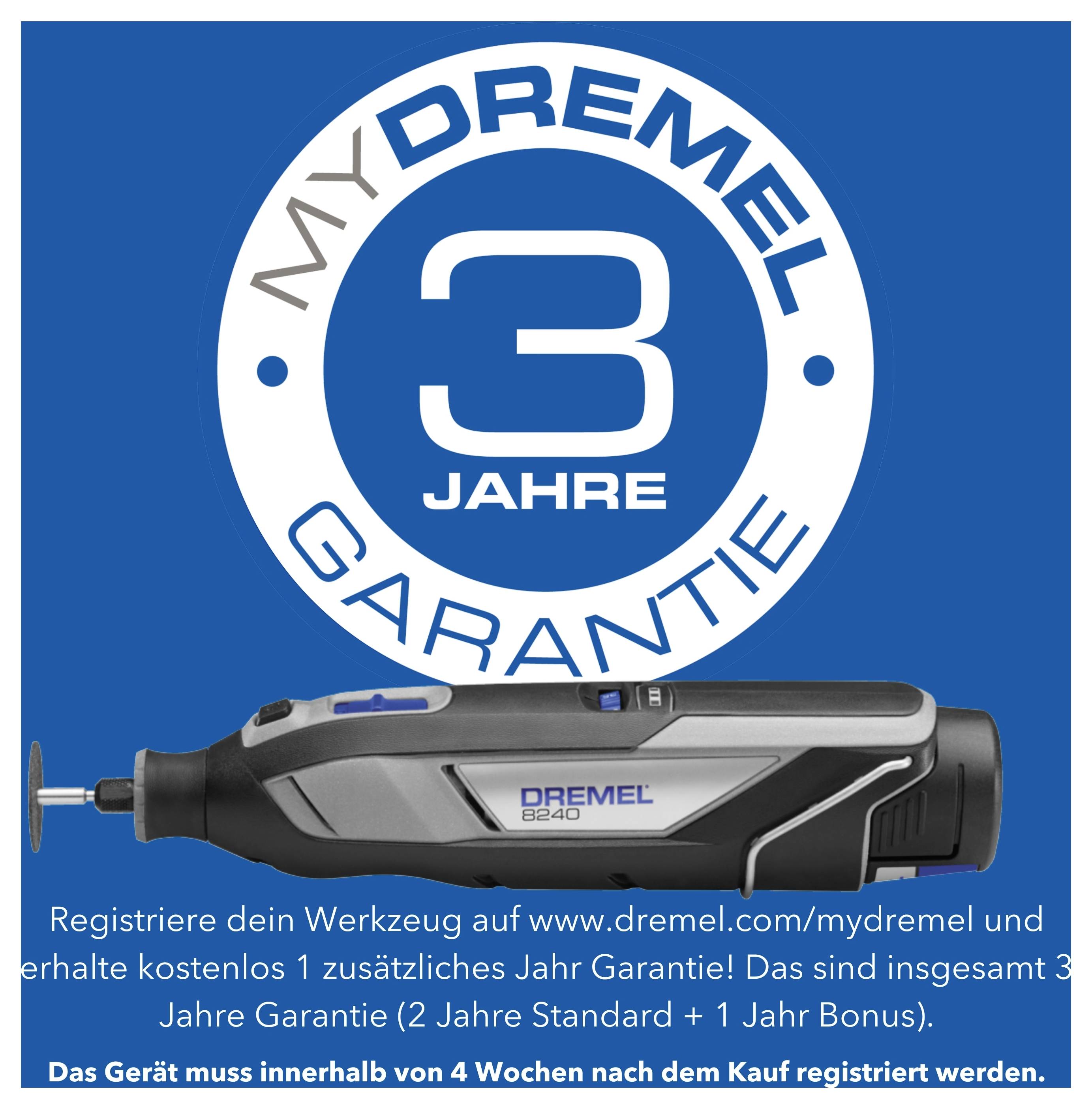 Outil Dremel 8240 avec texte "3 Jahre Garantie". Fond bleu et blanc. Enregistrez-vous sur www.dremel.com/mydremel pour l'extension de garantie.