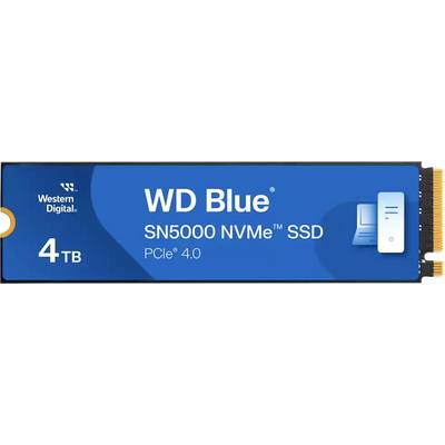 Image numérique d'un SSD NVMe Western Digital en bleu avec le texte 'WD Blue SN5000 4To PCIe 4.0', comprenant une icône de bureau.