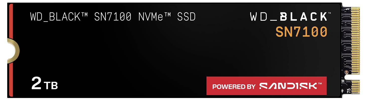 'SSD NVMe WD_BLACK SN7100 2 To, alimenté par SanDisk.' Un lecteur à état solide hautes performances pour le stockage de données.