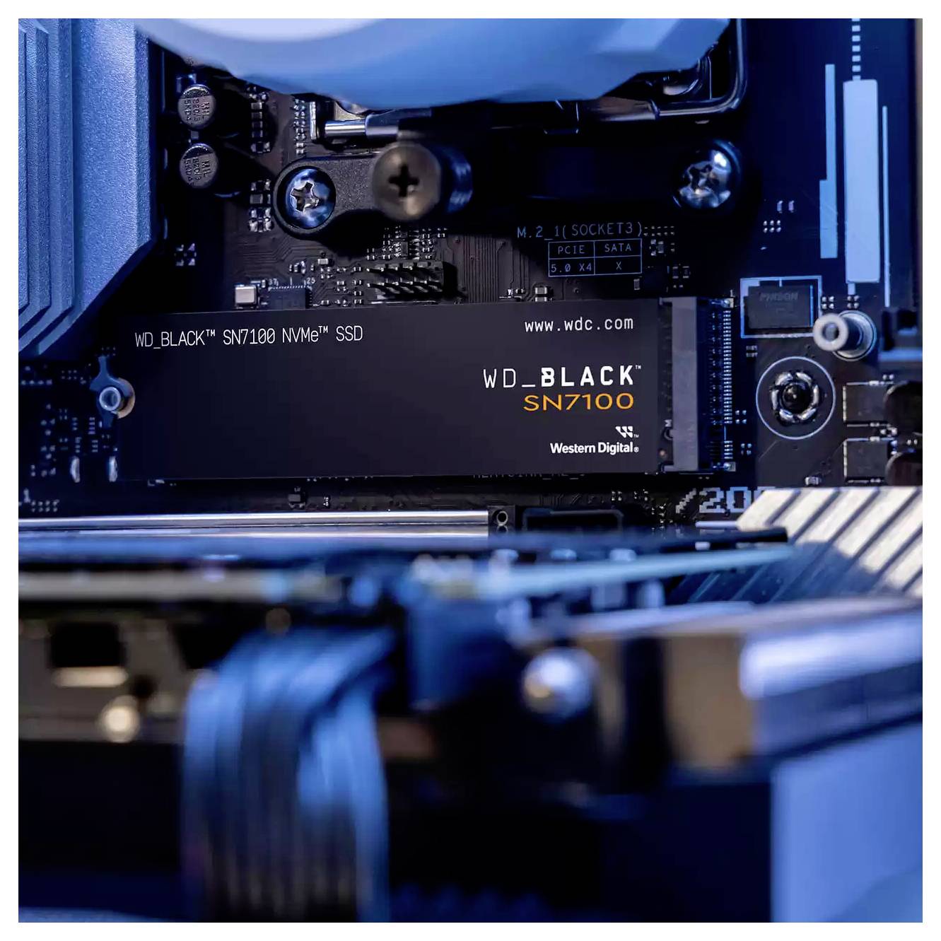 Un gros plan d'une carte mère d'ordinateur avec un SSD NVMe WD Black SN7100 installé, mettant en valeur les composants internes et les circuits électroniques.