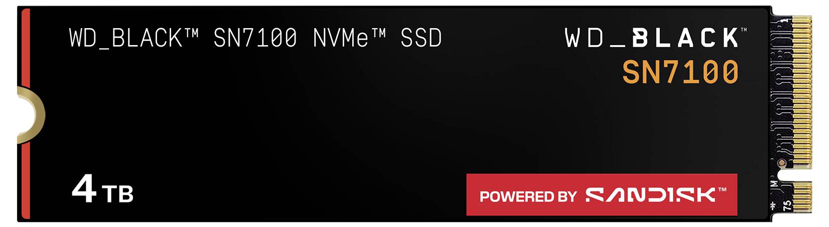 Un SSD NVMe WD_BLACK SN7100 noir d'une capacité de 4 To, étiqueté « Powered by SanDisk ».