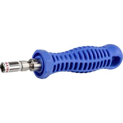 Une poignée de tournevis bleu avec un manche métallique doté d'une prise ergonomique texturée.