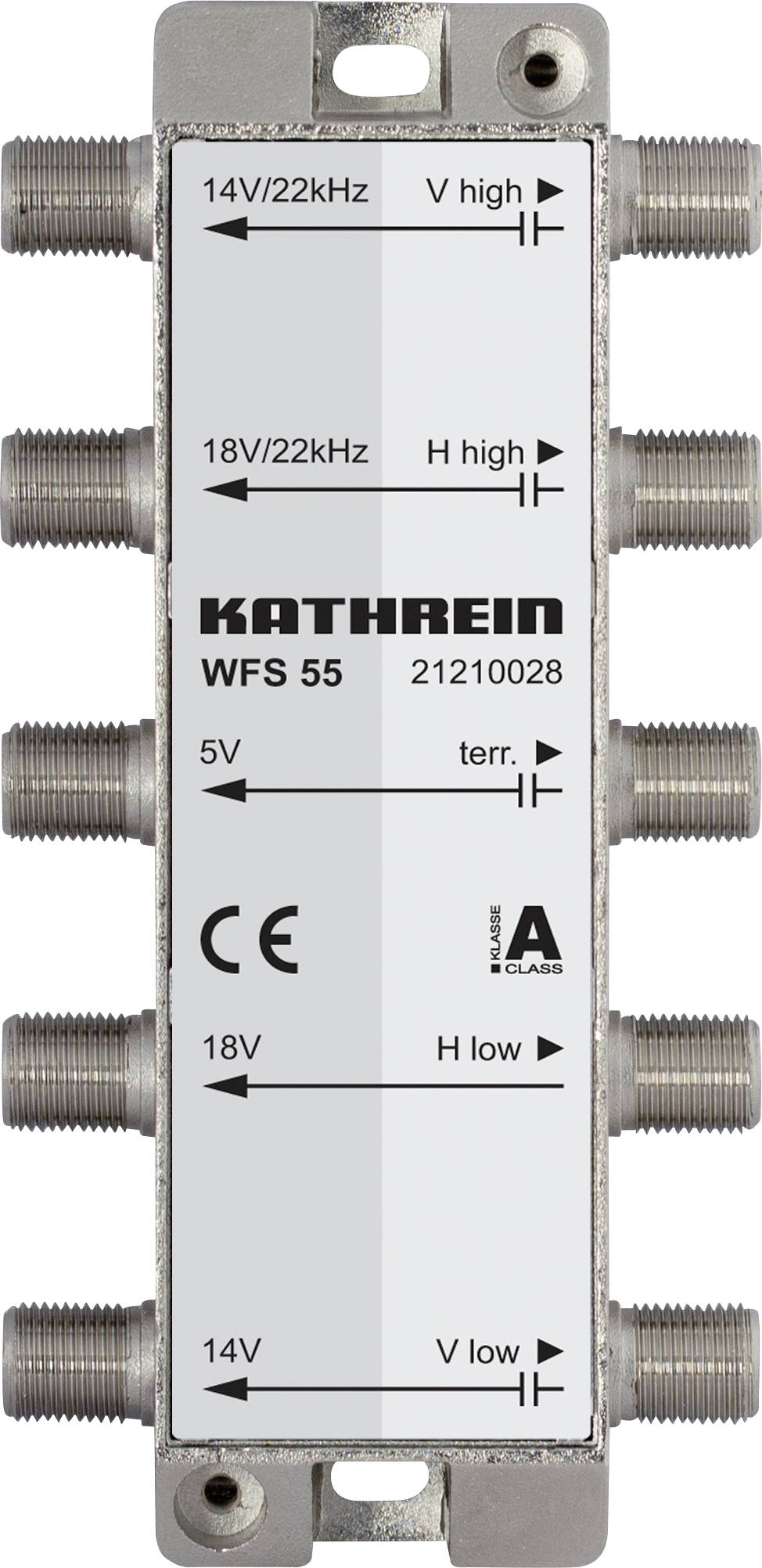 Commutateur multi-prises 'Kathrein WFS 55' avec huit ports coaxiaux, étiquettes indiquant les divisions de tension et de fréquence, et symboles de certification.