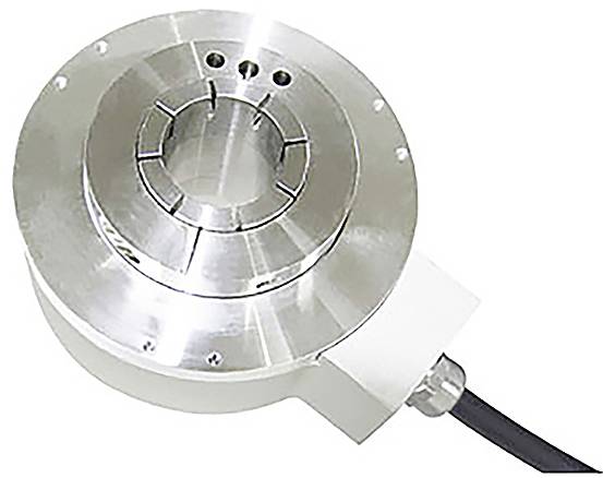 « Codeur rotatif avec boîtier en acier inoxydable, conception circulaire, plusieurs trous de boulonnage et un câble noir attaché pour la connectivité électrique. »