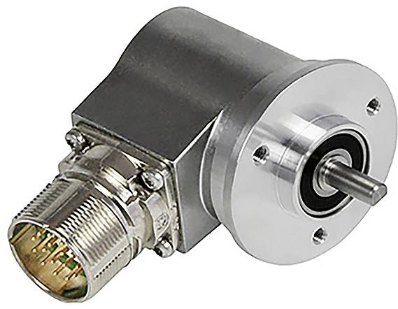 Un encodeur rotatif métallique de forme cylindrique avec un connecteur multi-broches, utilisé dans les dispositifs électroniques pour mesurer la rotation ou la position.