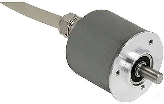 Un codeur cylindrique avec un avant en argent et une connexion de câble est représenté, utilisé pour la mesure précise de la position ou du mouvement rotatif.