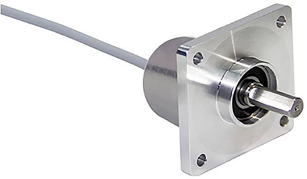 Un codeur rotatif métallique avec une platine de montage carrée et un arbre saillant, relié à un câble, généralement utilisé pour des mesures de précision.
