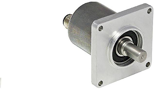 Un codeur rotatif métallique avec une platine de montage carrée, utilisé pour détecter la position et la vitesse d'un arbre en rotation.