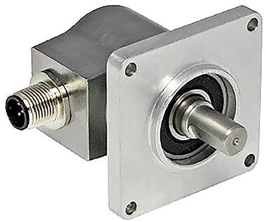 Un codeur rotatif métallique avec un arbre cylindrique et un port de connexion sur le côté, utilisé pour la détection de position précise.