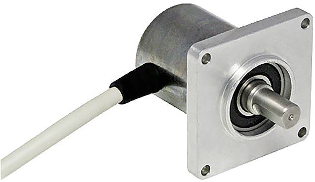 Un codeur rotatif métallique avec un câble, utilisé pour mesurer la position et la vitesse de rotation dans les systèmes mécaniques.