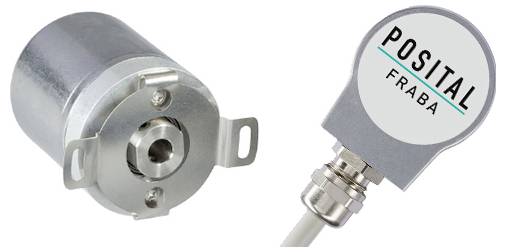 Un capteur industriel cylindrique et un capteur carré portant l'étiquette 'Posital Fraba' avec connexion de câble, utilisé pour des tâches de mesure précise.
