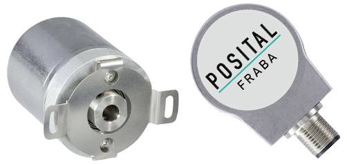Deux codeurs avec l'étiquette 'Posital Fraba'. Le codeur de gauche est cylindrique et gris, tandis que celui de droite est plat et dispose d'un connecteur.