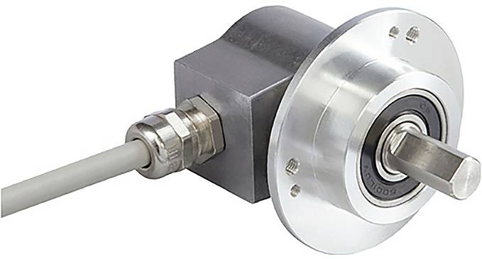 Un codeur rotatif en métal avec un connecteur de câble, utilisé pour mesurer l'angle et la vitesse de rotation.