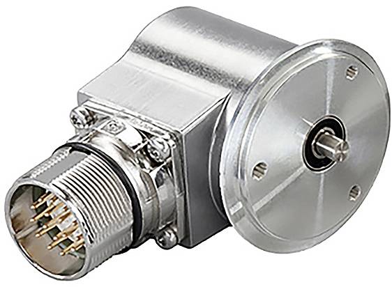 Un encodeur cylindrique en métal doté d'un connecteur circulaire présentant plusieurs broches, utilisé pour des mesures précises dans des applications industrielles.