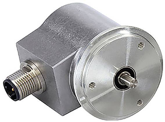 Un codeur rotatif compact en métal avec un corps cylindrique et un arbre en saillie, présentant un connecteur visible pour interface électronique.