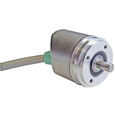 Un codeur rotatif cylindrique en métal avec un arbre saillant et un câble attaché, utilisé pour la mesure précise de la position angulaire.