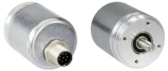 Deux capteurs cylindriques en métal munis de ports de connexion et d'arbres rotatifs, probablement utilisés pour des applications industrielles ou d'automatisation.