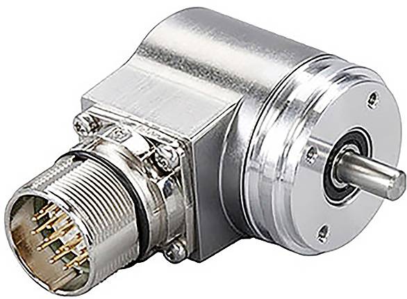 Un gros plan d'un encodeur rotatif en métal mettant en valeur sa forme cylindrique, son connecteur électrique avec broches et son arbre de rotation.