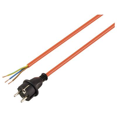 Un câble électrique orange avec une prise européenne à une extrémité et des fils dénudés (bleu, marron et vert/jaune) à l'autre extrémité.