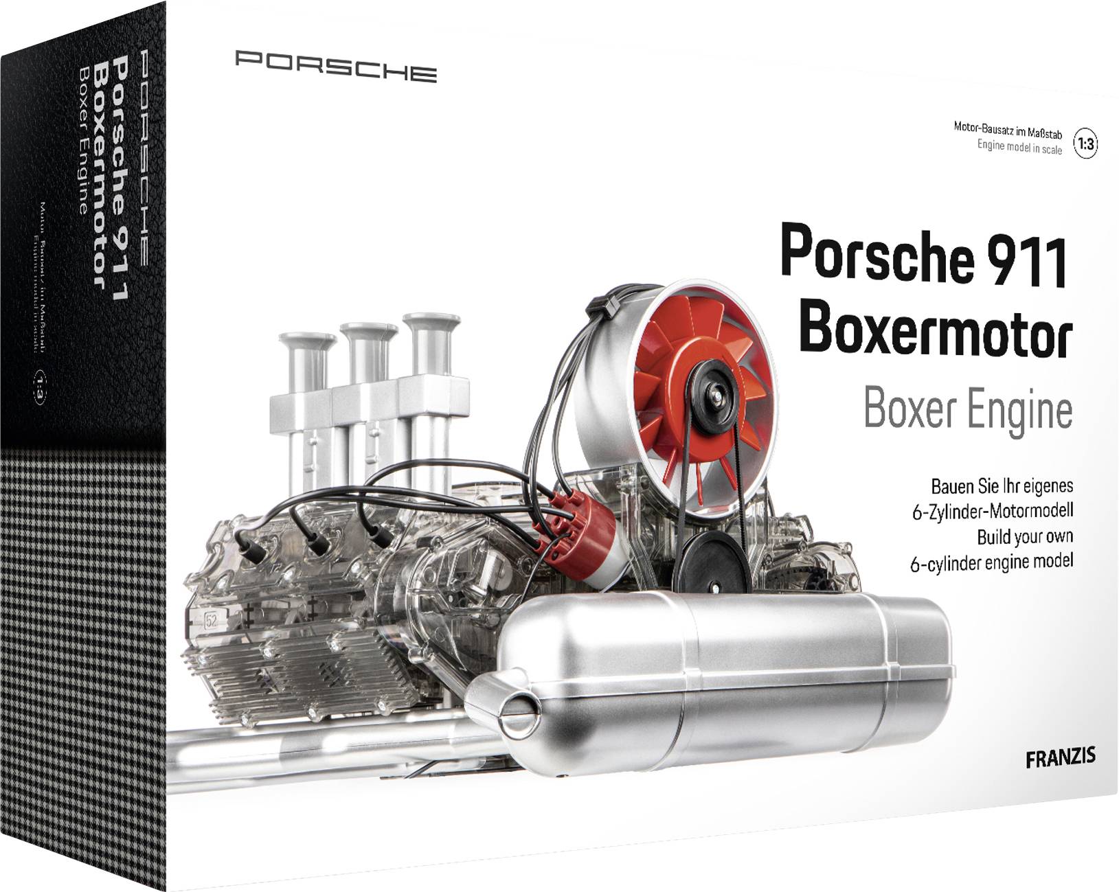 Kit de modèle réduit 'Porsche 911 Moteur Boxer' montrant les composants du moteur et les instructions de montage