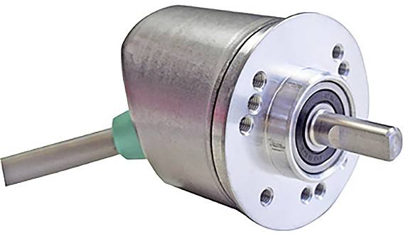 Un codeur rotatif métallique avec un boîtier cylindrique, un arbre en saillie et plusieurs trous de montage, utilisé pour un retour de position précis.