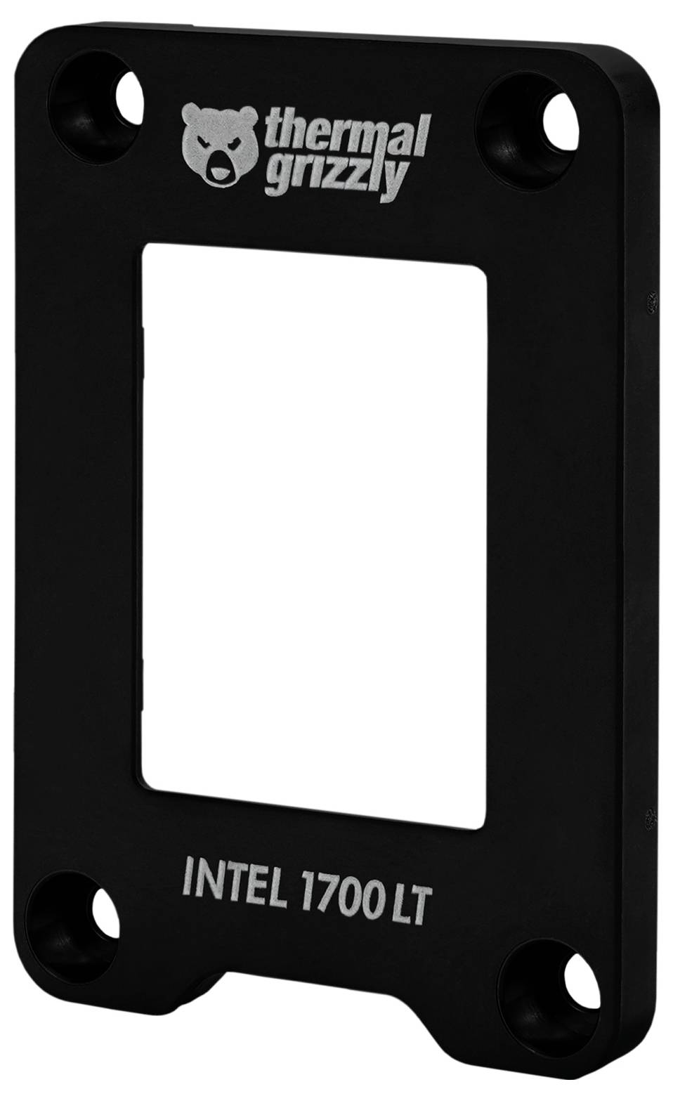 Un support métallique rectangulaire portant les étiquettes 'thermal grizzly' et 'INTEL 1700 LT', conçu pour fixer un composant, avec quatre trous dans les coins.