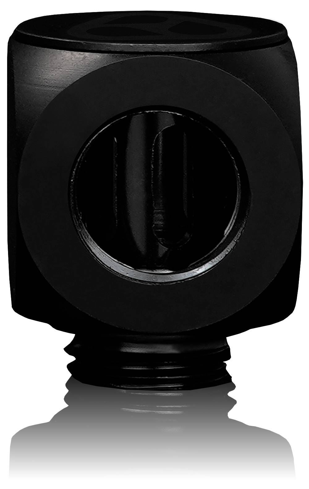 Un objet cylindrique noir en métal, avec une fenêtre ronde et transparente, et des extrémités filetées, probablement un élément d'un ensemble mécanique.