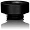 Un adaptateur de lentille cylindrique noir avec des sections filetées, se reflétant sur une surface lisse.