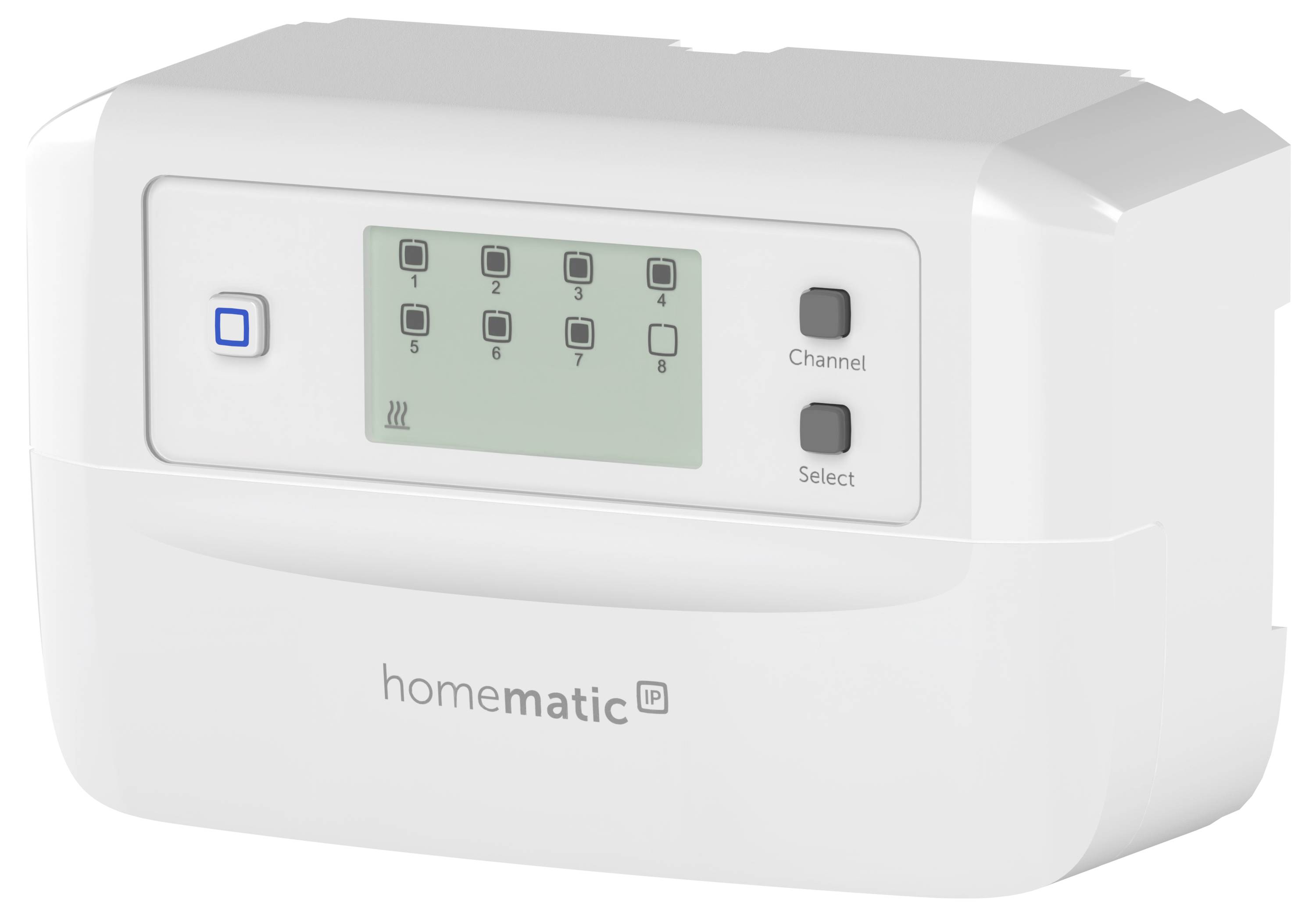 Un appareil électronique blanc avec un panneau d'affichage montrant les numéros 1 à 8, des boutons pour les canaux et la sélection, étiqueté « homematic IP ».