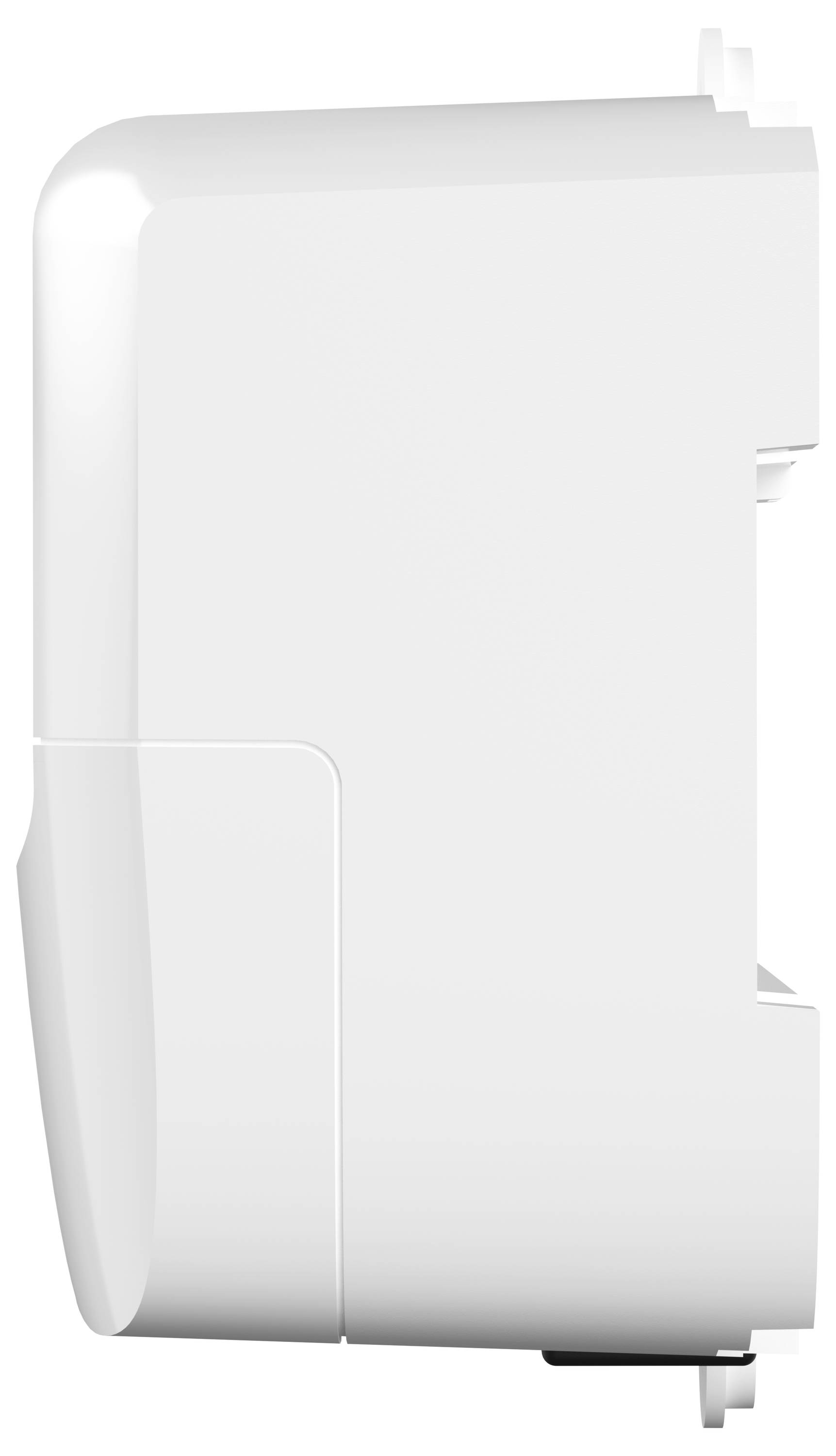 Un dispositif blanc, fixé au mur et montré de profil, généralement utilisé pour abriter des composants électroniques, doté d'un design minimal et épuré.