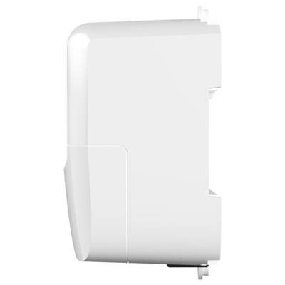 Un dispositif blanc, fixé au mur et montré de profil, généralement utilisé pour abriter des composants électroniques, doté d'un design minimal et épuré.