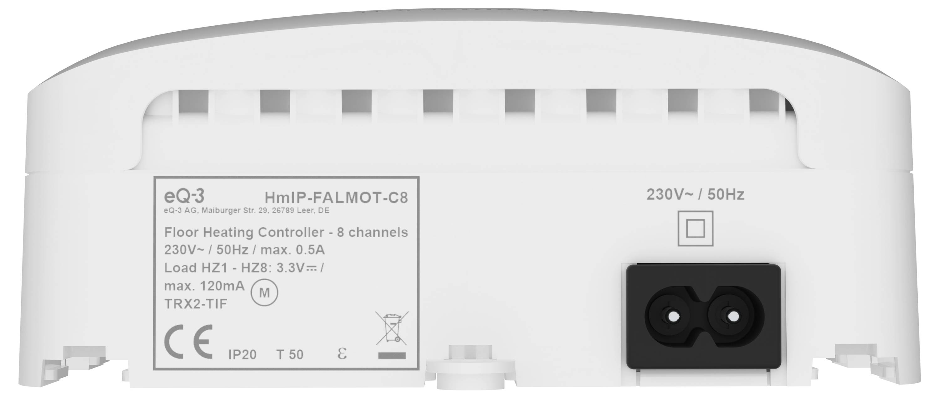 Contrôleur de chauffage au sol avec 8 canaux. Supporte 230V / 50Hz, max 0,5A, charge HZ1-HZ8 3,3V, max 120mA. Détails du modèle et alimentation électrique illustrés.