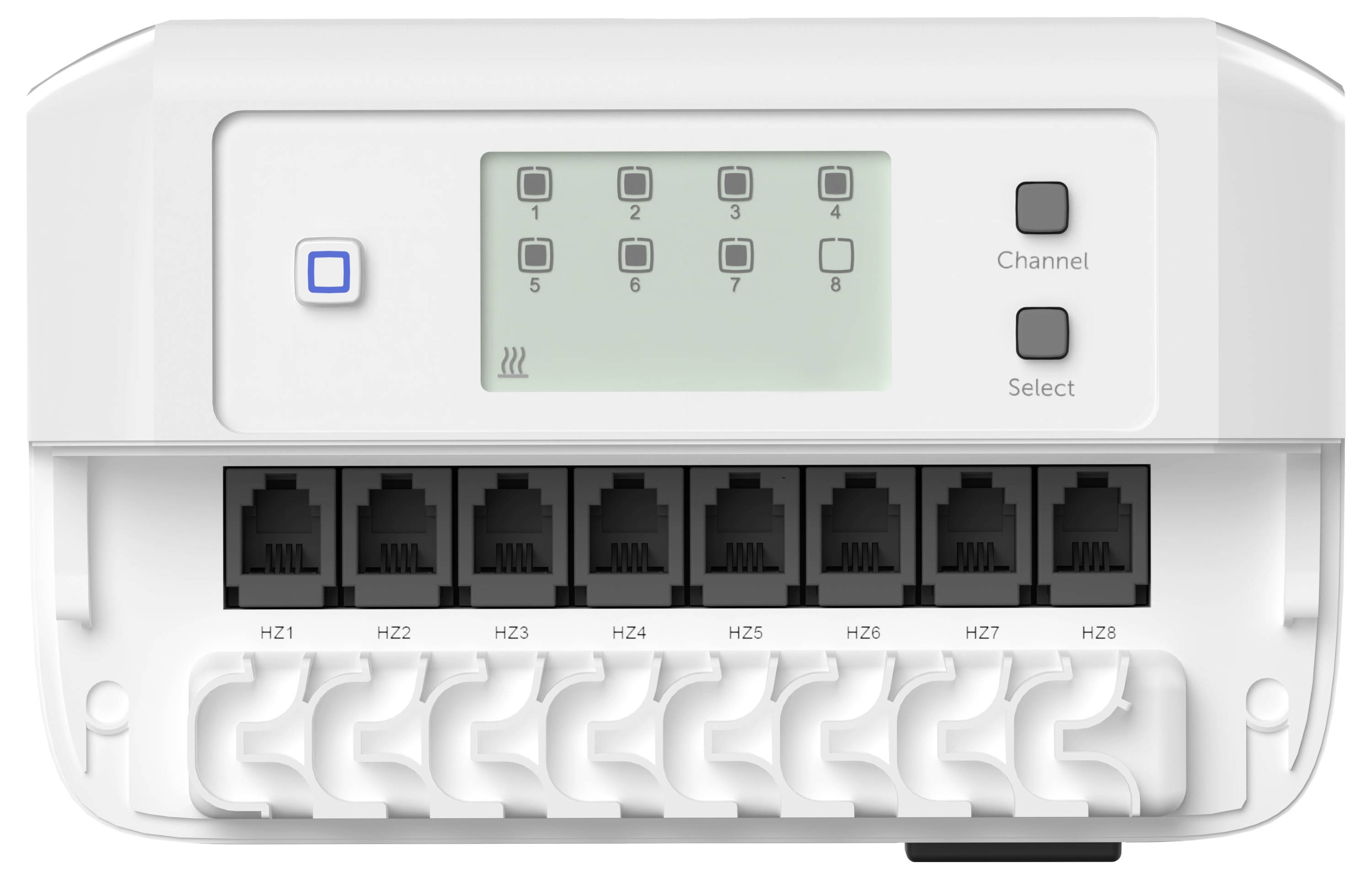 Un contrôleur de thermostat électronique avec un écran affichant des numéros de 1 à 8, et plusieurs ports ethernet étiquetés de H21 à H28 en dessous.