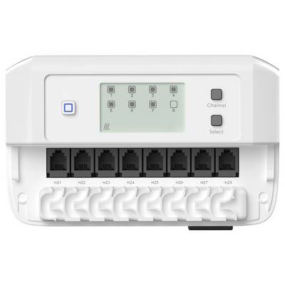 Un contrôleur de thermostat électronique avec un écran affichant des numéros de 1 à 8, et plusieurs ports ethernet étiquetés de H21 à H28 en dessous.