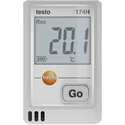 Enregistreur de données de température et d'humidité numérique 'Testo 174H' avec un affichage indiquant '20,1 °C'. Doté d'un bouton 'Go' et d'une icône de batterie.