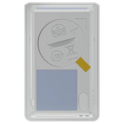 Un appareil rectangulaire de couleur gris clair avec un symbole circulaire de batterie et une icône de poubelle barrée indiquant des instructions de mise au rebut appropriées.