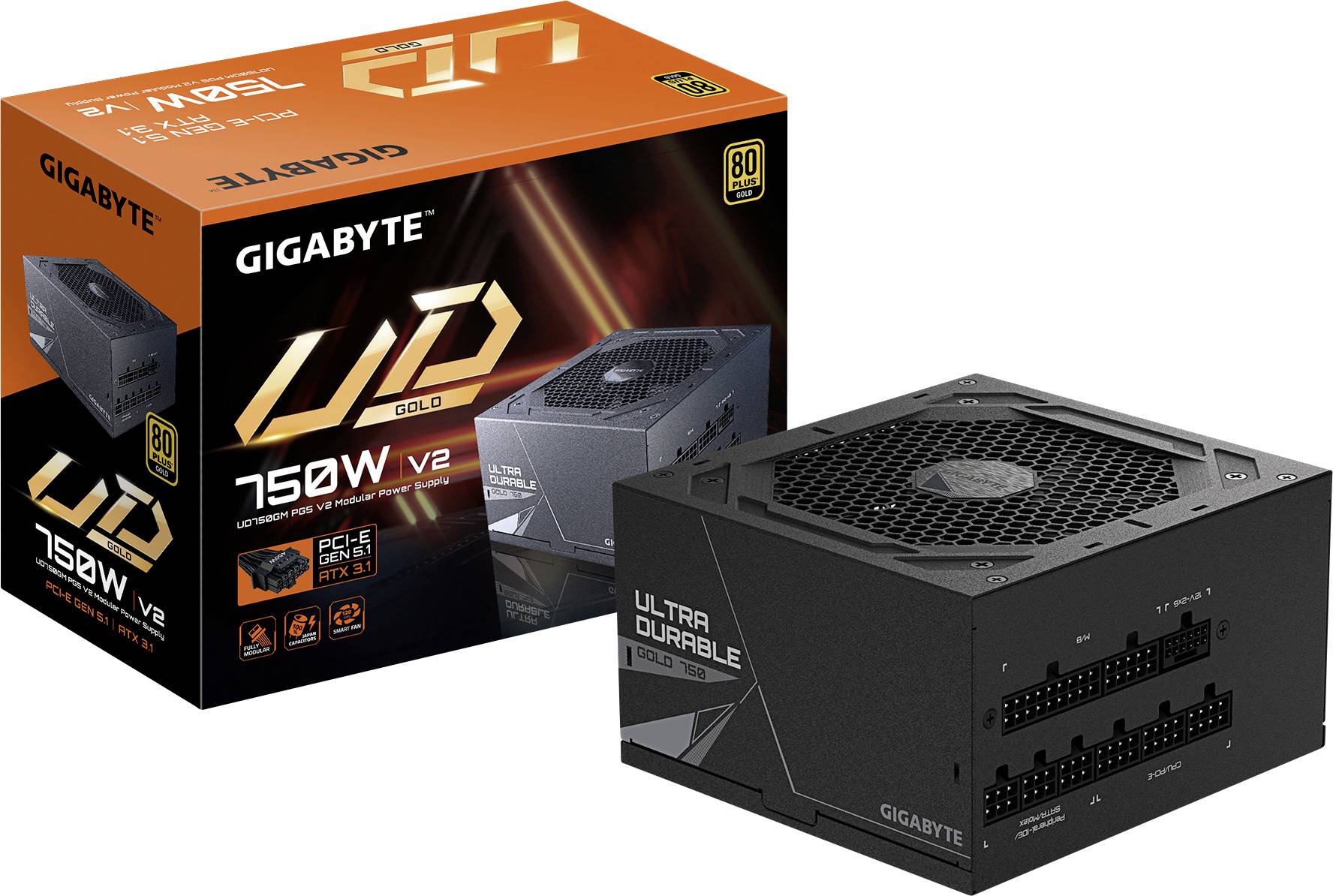 Bloc d'alimentation 'GIGABYTE UD Gold 750W V2' avec boîte. Caractéristiques : certification 80 Plus Gold et support PCIe 5.0.
