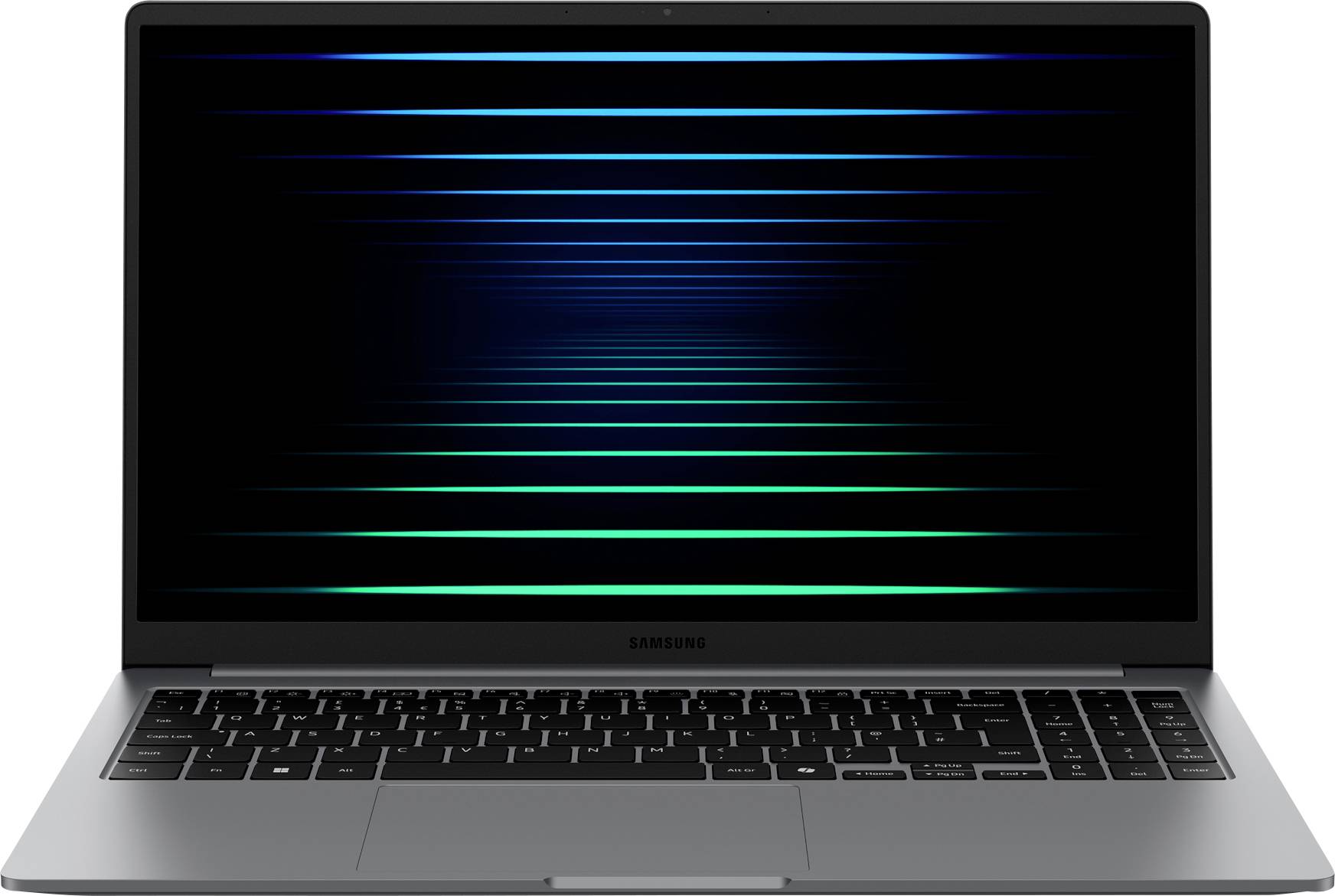 Un ordinateur portable au design élégant affichant un écran sombre avec des traînées de lumière horizontales bleues et vertes, créant un effet futuriste.