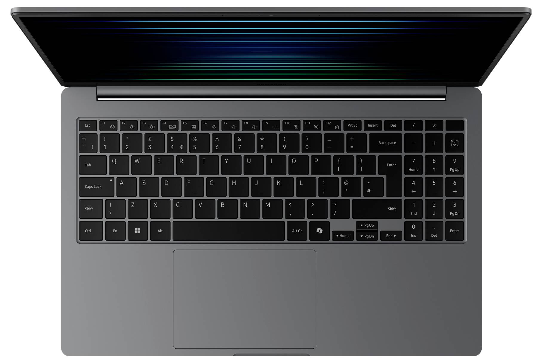Une vue de dessus d'un ordinateur portable ouvert avec un clavier noir et un écran affichant des lignes horizontales colorées, sur un fond blanc.